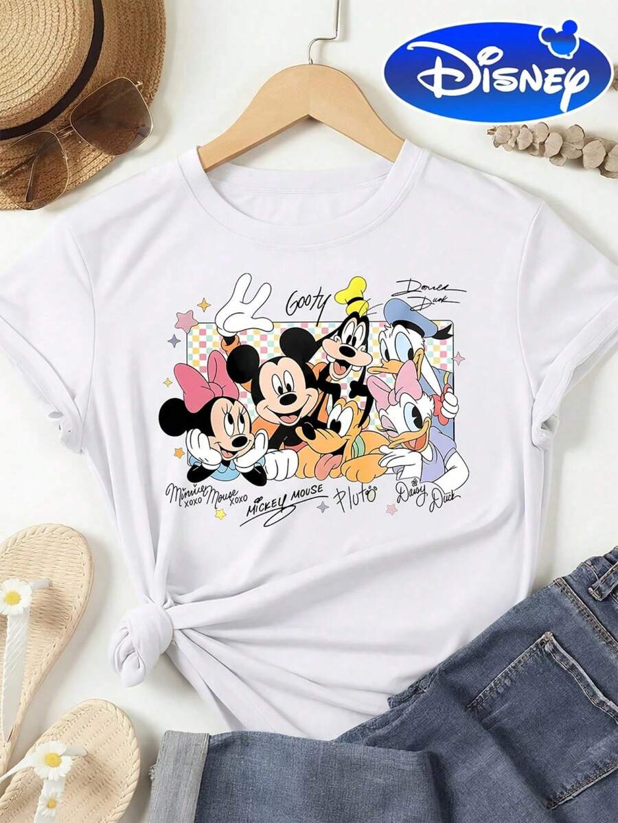 Disney Mickey Mouse Happy Party T-Shirt, Women's T-Shirt, New Summer Top, Machine Washable, 100% Cotton, Casual And Fashionable Summer Top With Round Neck And Short Sleeves, Wild Cartoon Sweatshirt, Outdoor Daily Leisure Wear. - White - View 1