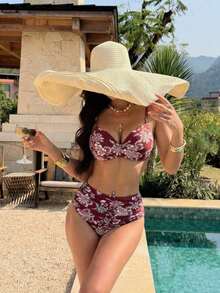 Traje de baño bikini para mujer conjunto dos piezas para playa piscina vacaciones semana santa brunch y salidas a la playa top de tirantes finos con diseño cruzado y parte inferior de talle alto color verde oliva sólido tela elástica de secado rápido que resalta la silueta apto para verano y temporadas cálidas - Multicolor 6 - Ver 3