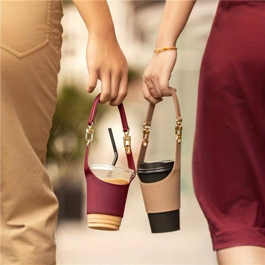 1pc Creative Fashion PU Leather Coffee Takeout Bag, Suitable For Coffee, Milk Tea, Tea Beverages - Multicolor - View 1
