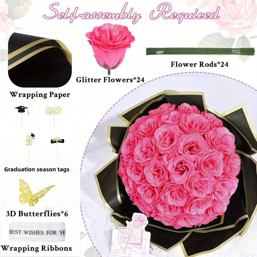 Ramo de 24 rosas artificiales con brillo en colores mixtos - Flores falsas brillantes para decoración de graduación, baile de graduación, baile de bienvenida, boda y aniversario | Centros de mesa duraderos y piezas de decoración del hogar - Rosa - Ver 1
