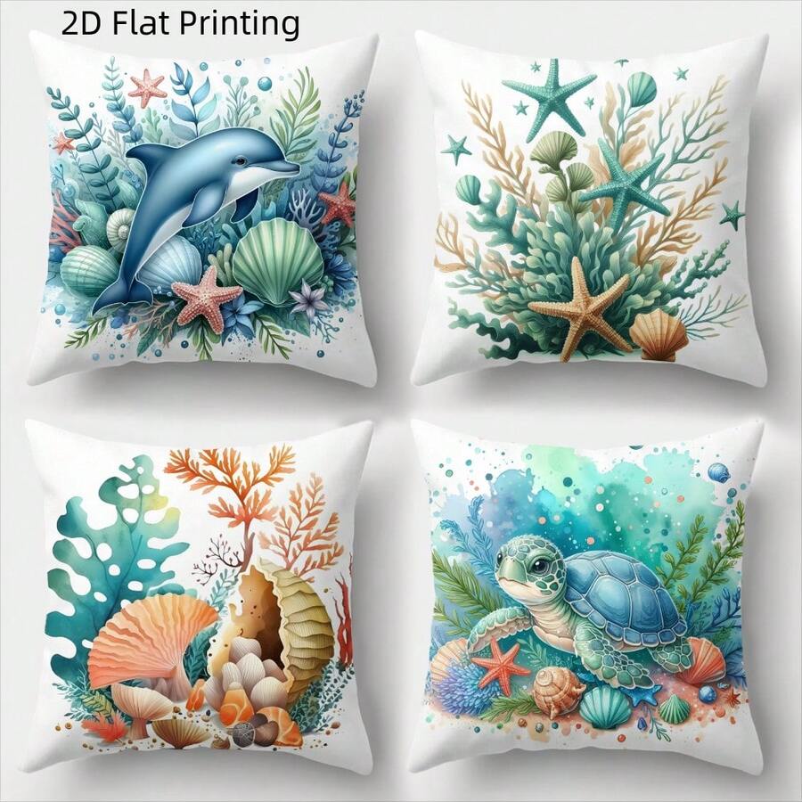 4pcs Nautical Marine Decor Throw Pillow Covers Suitable For Sofa, Bed, Dorm - Zippered Square Cushion Covers With Dolphin, Coral, Seashell & Turtle Patterns, Machine Washable Modern Coastal Bedding For, Gift, 2D Flat - Baby Blue - View 1
