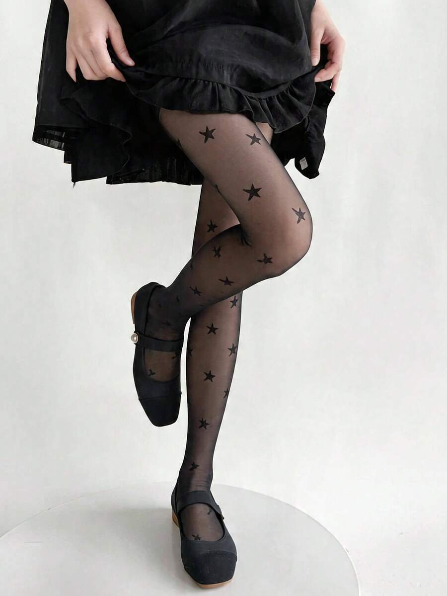 DAZY 1pc Black Five-Pointed Star Leggings, Black Pantyhose Fashion Outfit For Spring/Summer, Women's Opaque Tights For Sun Protection, Comfortable Soft Sexy Versatile Outfit Suitable For 15~30°C - Black - View 1