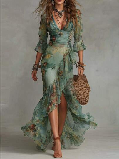 Women's Floral Printed V-Neck Maxi Dress, Irregular Hem Flowy Vacation Long Dress