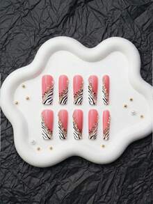 Handmade 10Pcs 1.3Inch Acrylic Press On Nails, Pink Zebra Print French Tip Rhinestone Long These Are 100% Handmade Premium Press-On Nails From Nailsweet! Made Of High-Quality - Nhiều màu - Xem 10