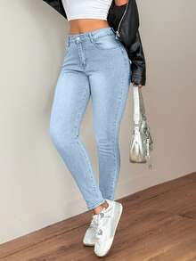 Y2K Streetwear High Waist Elastic Solid Color Fitted Cargo Jeans With Slant Pockets, Casual Versatile For Daily Wear Spring - Blue and White - View 8