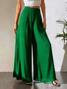 Green Wide Leg Pants Women High Waist Elastic Palazzo Lightweight Soft Fabric Summer Nature Style Resort Vacation Beach Daily Wear Boho Chic Fashionable (Local Warehouse Discounts.) - 綠色 - 查看 2