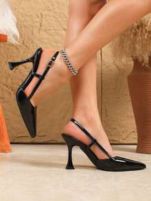 Women's Adjustable One-High Heels, 9CM Pointed Toe Elegant High Heel Shoes, Black Mirror PU Material, Suitable Daily Wear/Party,Elegant,Women Pumps,Elegant - Black 2 - View 4
