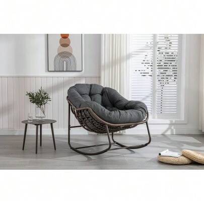 Outdoor Rocking Chair, Oversized Egg-Shaped Wicker Rocking Chair For Patio, Comfortable Indoor And Outdoor Rocking Chair With Thick Cushion, Modern Lounge Chair For Balcony, Porch, Garden, Yard, Deck, Dark Gray