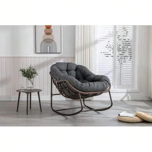 Outdoor Rocking Chair, Oversized Egg-Shaped Wicker Rocking Chair For Patio, Comfortable Indoor And Outdoor Rocking Chair With Thick Cushion, Modern Lounge Chair For Balcony, Porch, Garden, Yard, Deck, Dark Gray - 灰色 - 查看 1