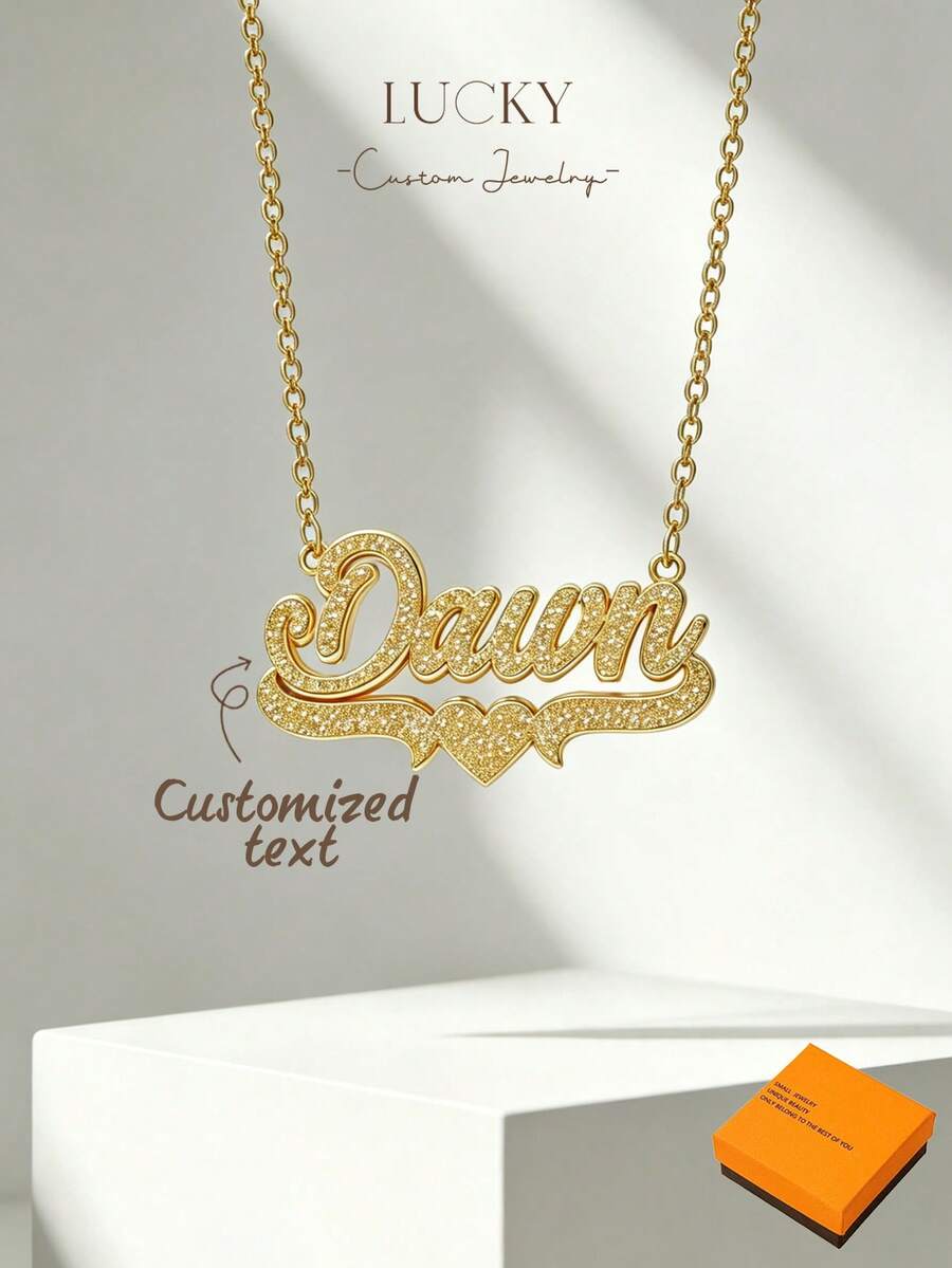 1pc Customized Stainless Steel Double-Layer Welded Women's Name Necklace, Personalized Heart-Shaped Pendant, Thick Curb Chain, Customizable Name, Minimalist Daily Style,Jewellery For Ladies - Gold - View 1