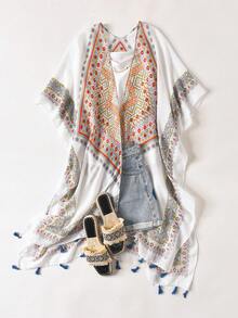 1pc Bohemian Pattern Slit Shawl, Women Lightweight Scarf Wrap, Sun Protection Travel Accessory With Tassel, Suitable For Vacation & Photo Shoot,Accessories,Holiday - Multicolor - View 6