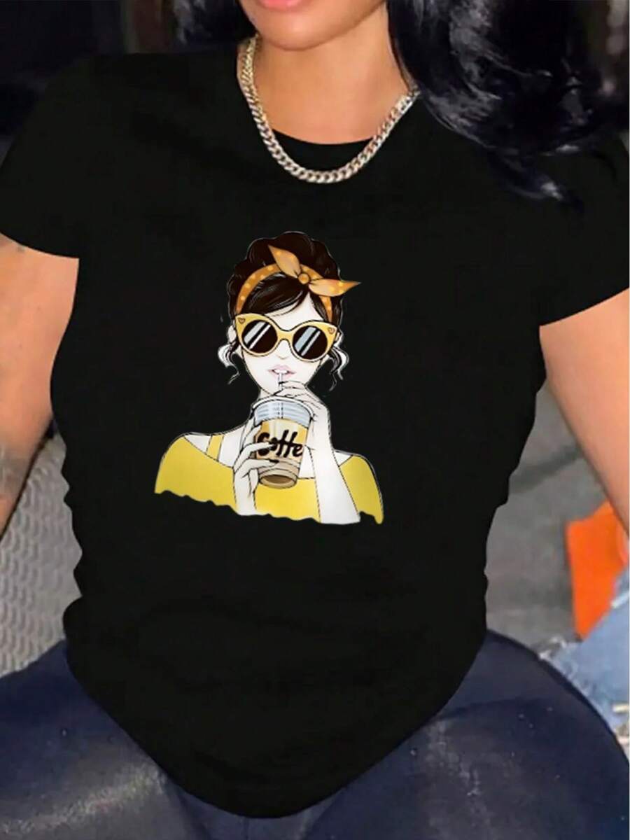 Women's Comfortable Round Neck T-Shirt, Casual, Cotton Blend, Short Sleeve, Soft And Breathable, Women's Clothing, Summer And Spring T-Shirt, Vintage Urban Style, Unisex, Loose Fit, Cotton, Short Sleeve, Round Neck. - 黑色 - 查看 1