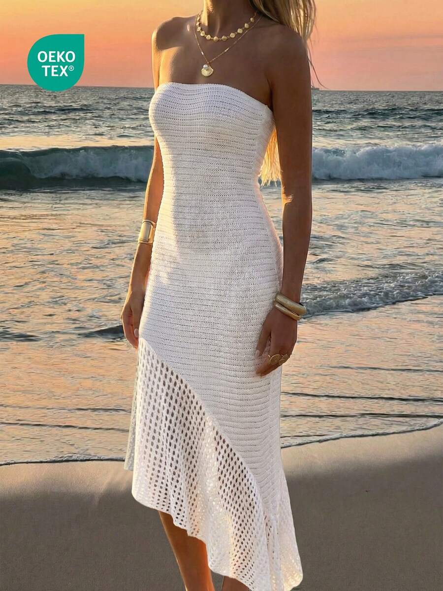 Women's Summer White Hollow-Out Halter Sexy Asymmetrical Design Crochet Cover-Up Knit Dress, Suitable For Beach Vacation