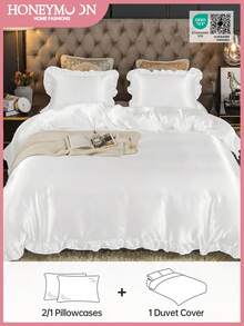 2/3 piezas Juego de ropa de cama de satén blanco de lujo con volantes, Juego de ropa de cama con volantes y flecos, Juego de ropa de cama de estilo retro de lujo de granja, Juego de ropa de cama de 3 piezas con volantes y lazos estilo bohemio (No incluye edredón). Se ajusta perfectamente a camas individuales, dobles, queen y king. Adecuado para ropa de cama del hogar, suministros de dormitorio y decoración navideña. - Blanco - Ver 9