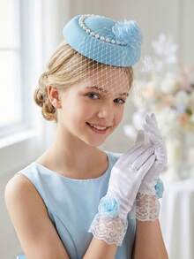 2 peças/Conjunto Chapéu Fascinator de Tule Floral Azul para Adolescentes + Luvas de Cetim com Renda Floral Azul, Conjunto de Mini Chapéu de Tule de 2 Peças, Adereços para Fotografia de Casamento, Acessório de Cabelo para Decoração de Casamento Nupcial, Adereços para Cabine de Fotos de Festa, Adereços de Casamento, Adereços Nupciais - Azul - Visão 7