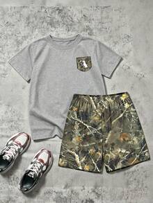2pcs/Set Teenage Boys' Round Neck Short Sleeve T-Shirt With Minimalist Graphic Design And Matching Shorts, Comfortable Summer New Outfit - Grey - View 4