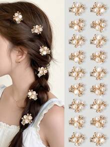 10pcs/Set Rhinestone & Pearl Flower Hair Clips, Elegant Cute Princess Style Duck Clip Hairpins, Side Bangs & Flyaway Hair Accessories - Gold - View 2