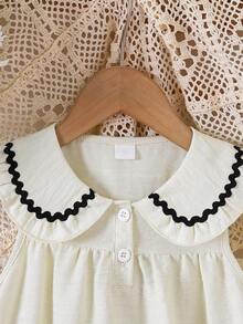 Vestido blanco sin mangas para niñas con cuello Peter Pan holgado y ribete ondulado negro, media botonadura delantera y falda línea A de cintura alta relajada - Albaricoque - Ver 4