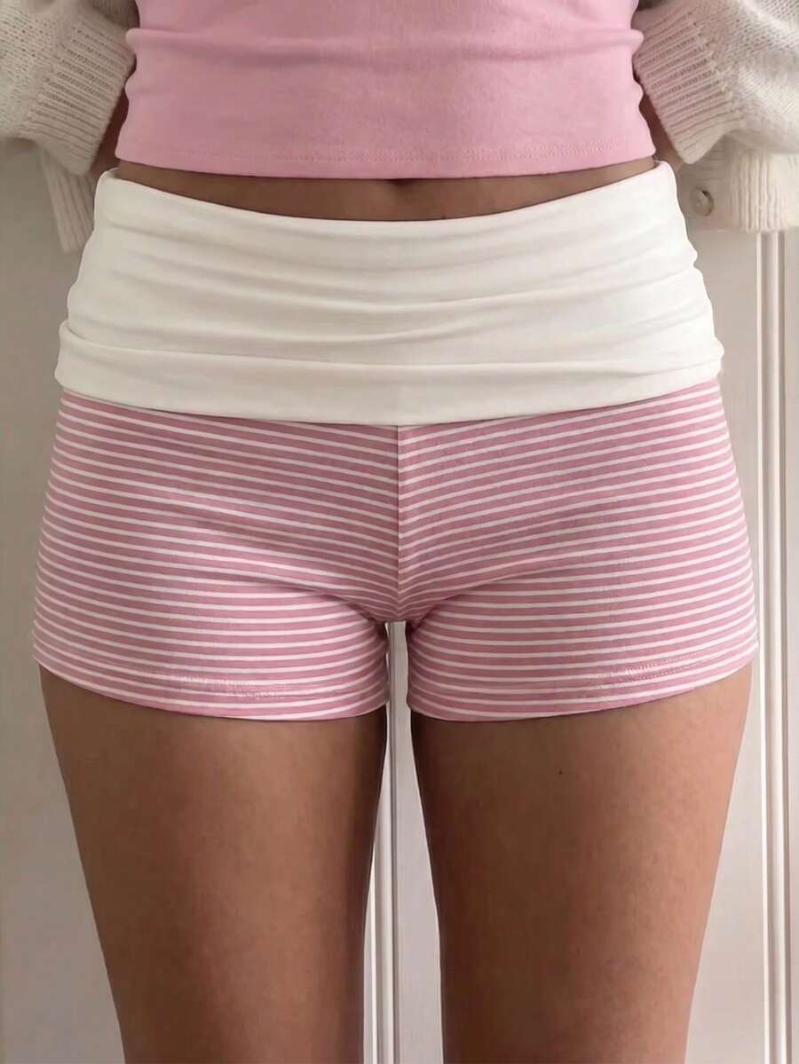 Sunny Girly Y2K Style Pink Striped Shorts For Women, Low Waist Adjustable Hem Design, Suitable For Casual, Home, Street And Daily Commute Summer - Pink - View 1