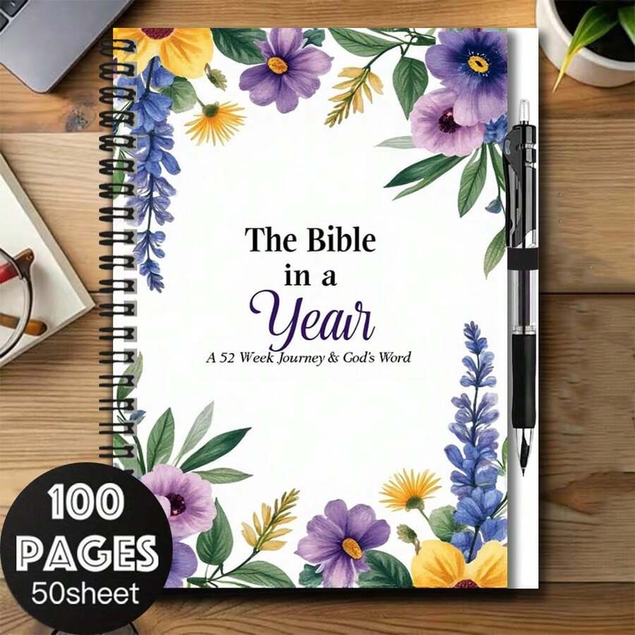 Bộ sổ tay lò xo hoa văn kèm bút! 100 trang, dung lượng lớn, phù hợp cho việc ghi chép công việc và học tập. Chủ đề hành trình Kinh Thánh 52 tuần, mang ý nghĩa văn hóa tôn giáo. Món quà tuyệt vời cho lễ tốt nghiệp, sinh nhật, v.v. Phù hợp để viết nhật ký hoặc lên kế hoạch hàng ngày! - Phương án A + 1 bút - Xem 1
