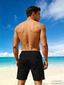 Quick-Dry Beach Shorts With Coastal Scenery Print, Lightweight Drawstring Beach Shorts, Casual, Slightly Stretchy, Perfect For Summer Vacations, Surfi - Black - View 2