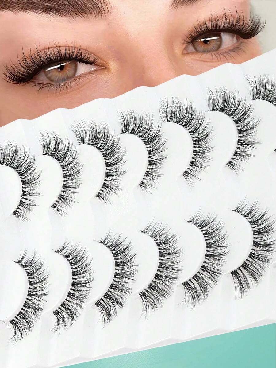 7er Pack Klare Band Wimpern C Curl, natürlich aussehende transparente weiche Band Kunstmink Wimpern für Katzenaugen Make-up - Schwarz - Übersicht 1