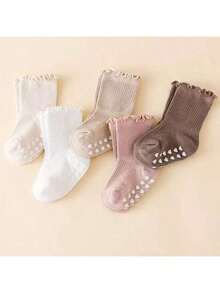 5 Pairs Anti-Slip Baby Girl Socks With Lace Trim, Soft Waistband, Multiple Colors, For Infants & Toddlers 0-5 Years - Multicolor - View 3