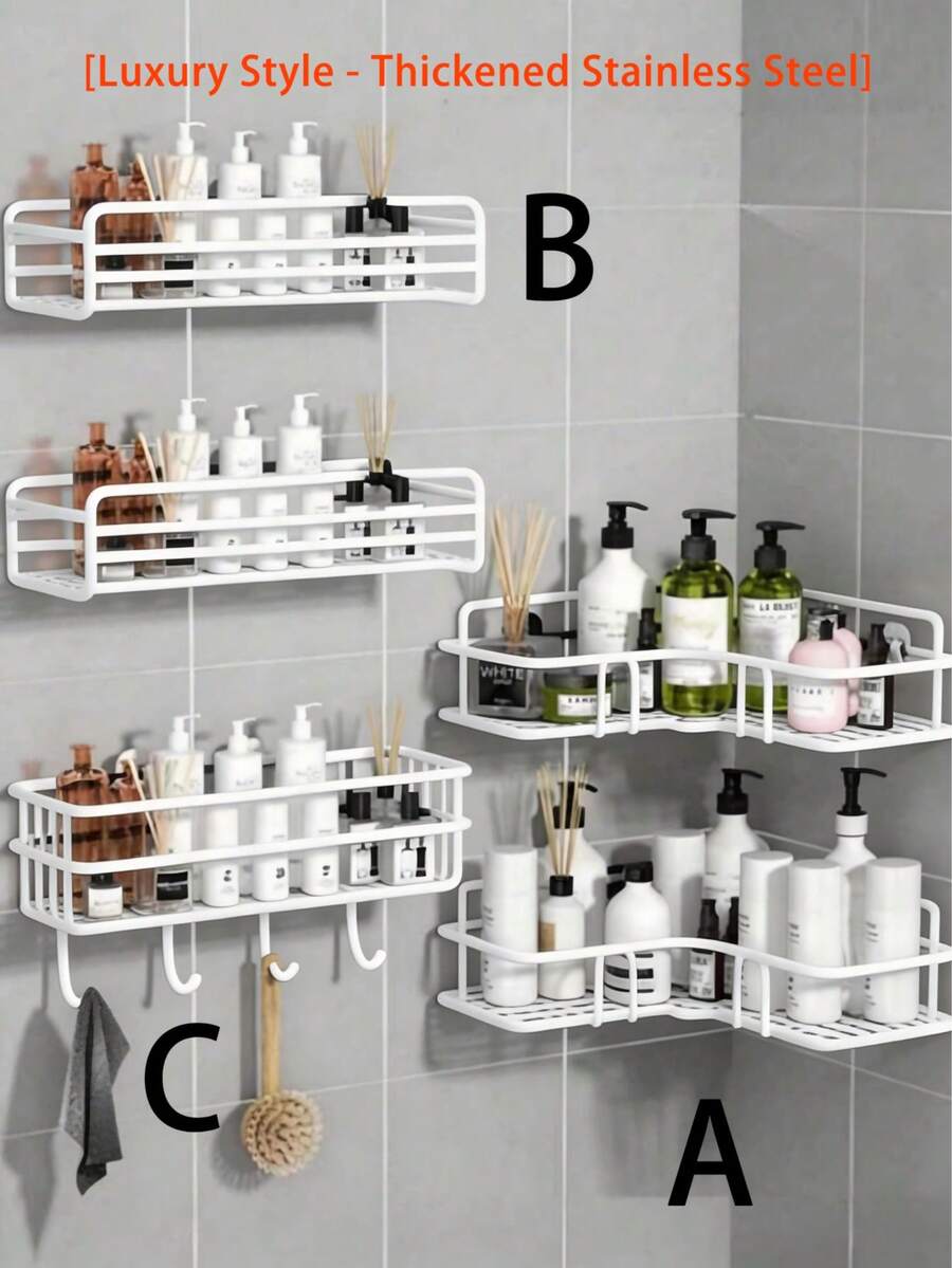 1pc No Drill Bathroom Shelf, Wall Mounted Shower Caddy, Corner Rack, Wall Hanging Storage Unit, Suitable For Kitchen, Home And Bathroom Decor, Storing Shampoo Etc.; Autumn Decor, Back To School Bathroom Accessory - White - View 1