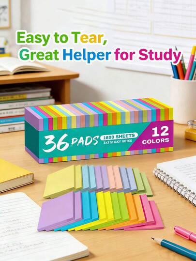800张便签纸，36包/盒，3英寸 x 3英寸自粘便签本，适用于办公室、学习和日常使用 - 色彩鲜艳，优质粘合剂设计，牢固粘贴不易脱落