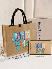 John Letter图案手提包套装，大容量托特包和便携式拉链化妆包，亚麻字母印花托特包，简约旅行包，化妆钱包，大容量旅行化妆包，多功能便携托特包，女士礼物，便携休闲收纳包，多用途购物袋，独特生日礼物，派对礼物，旅行礼物，母亲节礼物 - 彩色 - 查看 11