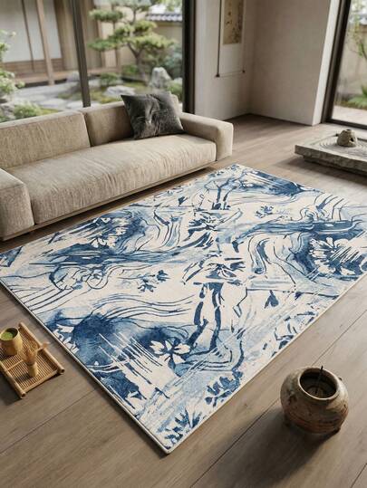 1pc Large Size Blue Floral Pattern Living Room Carpet, Fresh Spring/Summer Design, Soft & Comfortable Texture, Easy Care, Non-Slip Bottom, Suitable For Living Room, Bedroom, Kitchen, Dining Room, Entryway, Office And Other Home Decor