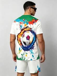 Men's 3D Flame Football Graffiti Sports Set, Splatter Short Sleeve T-Shirt + Shorts 2-Piece Casual Sports Outfit, Summer - Multicolor - View 2