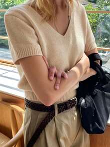 休閒女款米色針織V領毛衣，短袖標準長度套頭衫，適合秋季舒適穿著 - 卡其色 - 查看 5