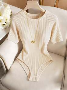 Body entero elegante casual nueva  2026 cuello redondo manga corta punto canalé ceñido básico mujer uso diario primavera otoño - Café integral - Ver 8
