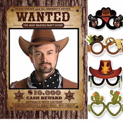Western Cowboy Photo Booth Props Set, Wanted Poster Frame Party Decorations, Wild West Theme Party Supplies, Funny Cowboy Photo Props For Birthday, Rodeo Party, Country Theme
