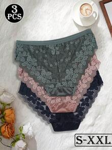 3件組女款蕾絲內褲，花卉刺繡，浪漫舒適，隱形內褲，適合四季穿著 - 彩色 - 查看 3