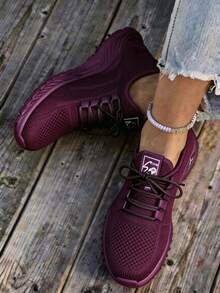 Women's Breathable Knit Walking Sneakers, Lace-Up Lightweight Running Shoes, Suitable For Sports And Gyms - Màu tím - Xem 5
