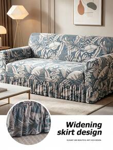 1pc Tropical Plant Printed Sofa Skirt Cover, Dust-Proof & Dirt-Resistant, Elastic Full Coverage Sofa Protector, Living Room Decor, Fits 1/2/3/4 Seater Sofa, All Season, Machine Washable - Dusty Blue - View 2