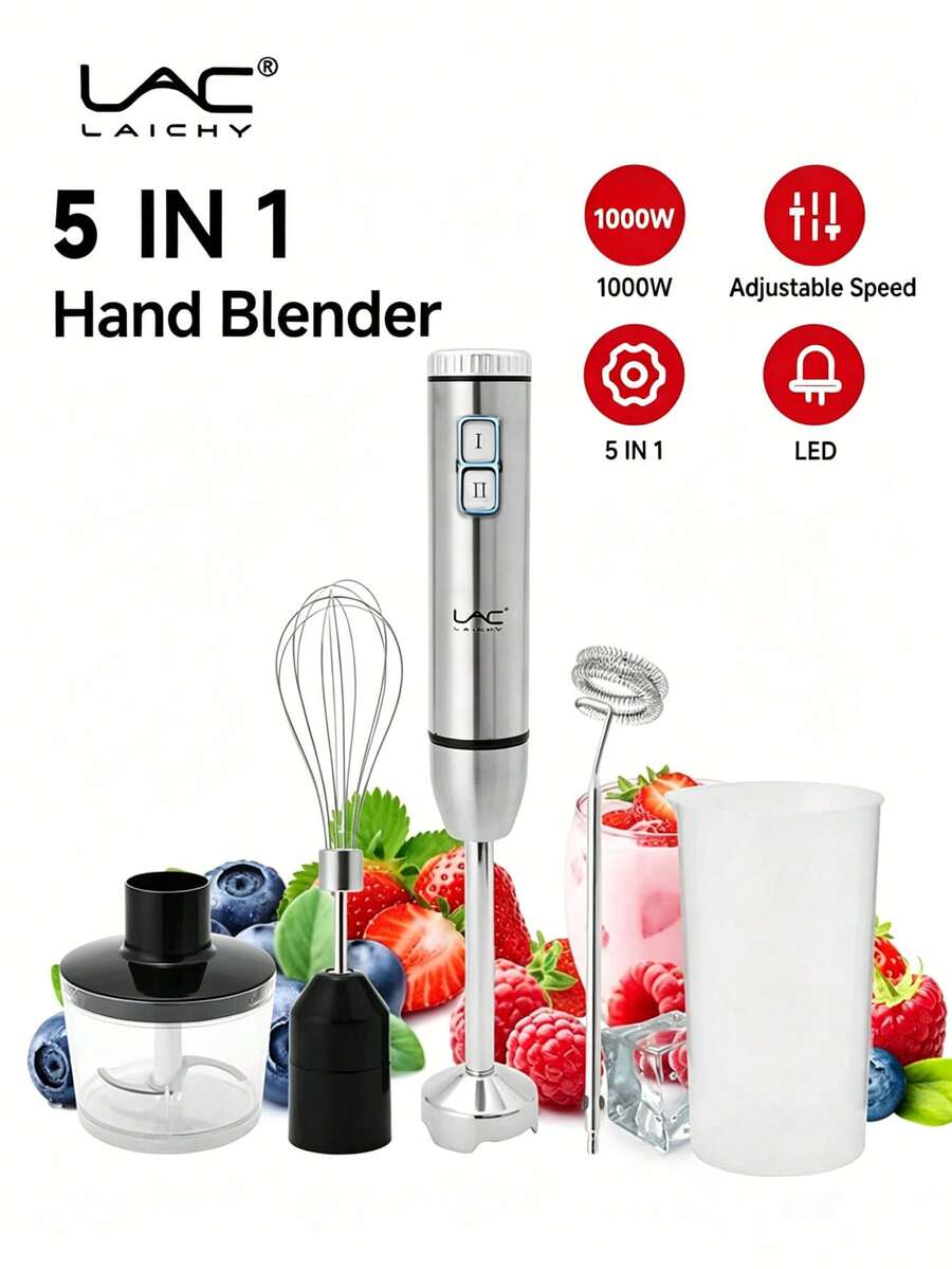 LAC 1 件套欧盟插头供电的多功能 5 合 1 食品加工机/搅拌机套装，包括搅拌器附件、不锈钢容器、LED 指示灯、用于快速搅拌和切碎的变速控制 - 查看 1