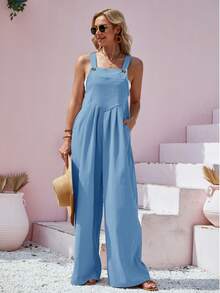 Women's Casual Solid Color Button Strap Wide Leg Jumpsuit, Spring/Summer Elegant - Blue - View 6