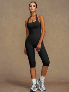 VVX Women's Yoga Capri Jumpsuit Halter Neck Backless Tummy Control Butt Lifting, Workout Shorts Romper Seamless Casual Sleeveless Unitard For Gym Sports Dailywear All Seasons - Black - View 1