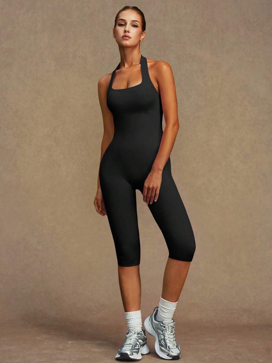 VVX Women's Yoga Capri Jumpsuit Halter Neck Backless Tummy Control Butt Lifting, Workout Shorts Romper Seamless Casual Sleeveless Unitard For Gym Sports Dailywear All Seasons - Black - View 1
