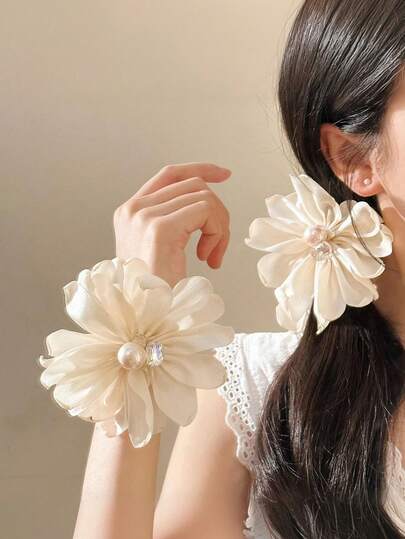 1pc Milky White Chiffon Flower & Pearl Hair Scrunchie, Gentle Elegant Versatile Hair Accessory