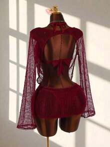 Conjunto de 2 piezas de cubrecuerpo sexy y vanguardista para mujer, adecuado para usar en vacaciones - Conjunto de traje de baño de malla sexy y vanguardista - Burdeos - Ver 9