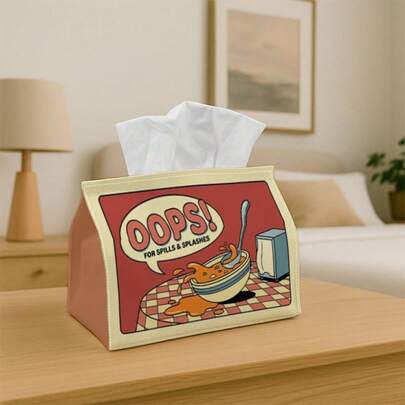 1pc Artistic Kitchen Humorous Tissue Box Cover Holder, Soft Fabric Storage Bin With Spilled Cereal, Bowl, Spoon Pattern, Detailed Stitching And Compact Lid Design, Washable And Foldable, Suitable For Kitchen, Dining Table, Also Makes A Great Gift