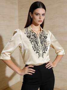 1pc Floral Print Button-Up Blouse, Modern Filipiniana Style, Suitable For Office, Daily Wear, Occasions, Summer - Champagne Color - Champagne - View 5