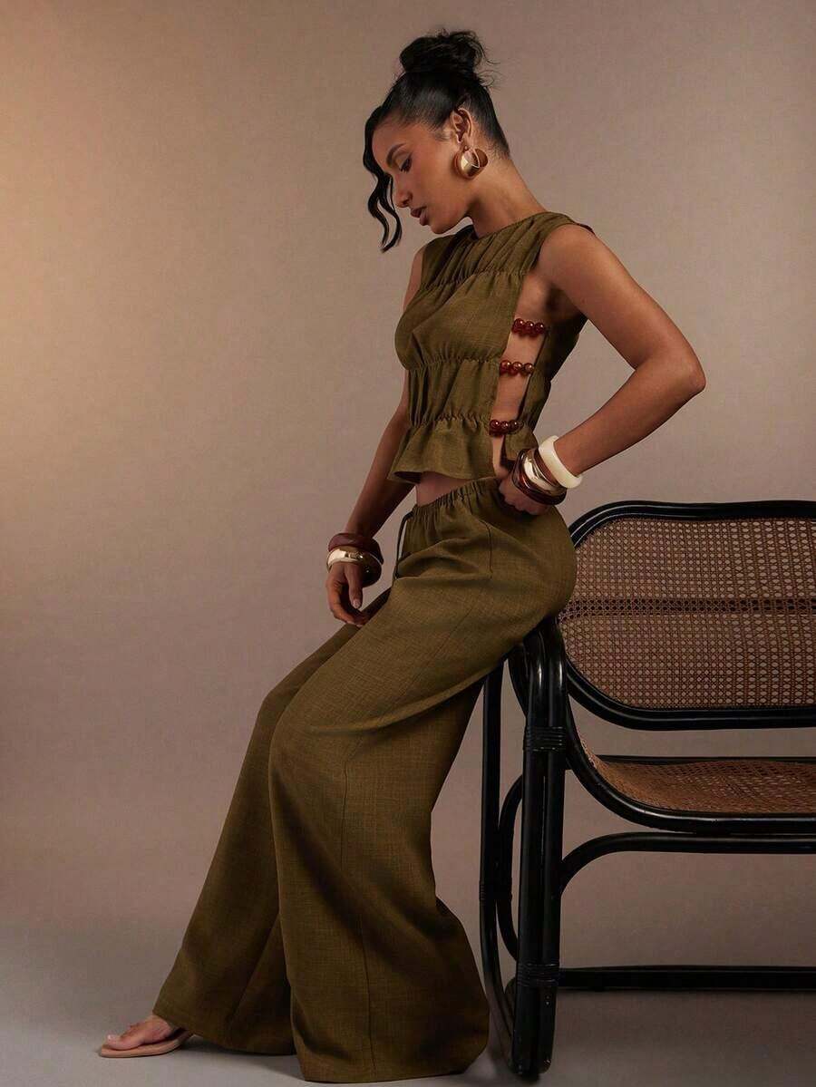 Women's Sexy Casual Wide Leg Linen Long Pants - Army Green - View 1