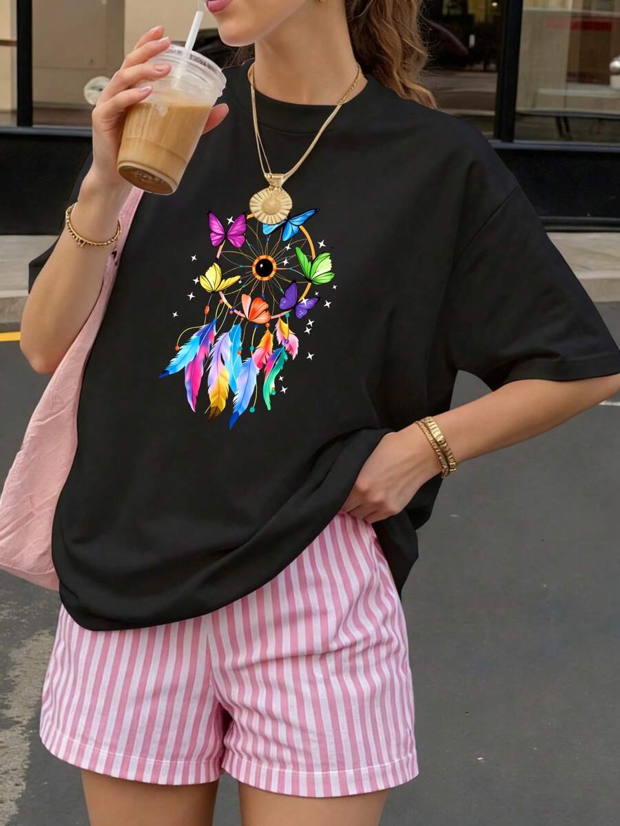Camiseta Negra con Estampado de Mariposas y Plumas para Mujer Verano Casual - Negro - Ver 1