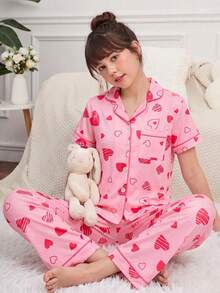 2pcs Girls Pajama Set, Short Sleeve Button-Up Shirt With Heart Print Pants, Soft & Breathable Sleepwear - Pink - View 1