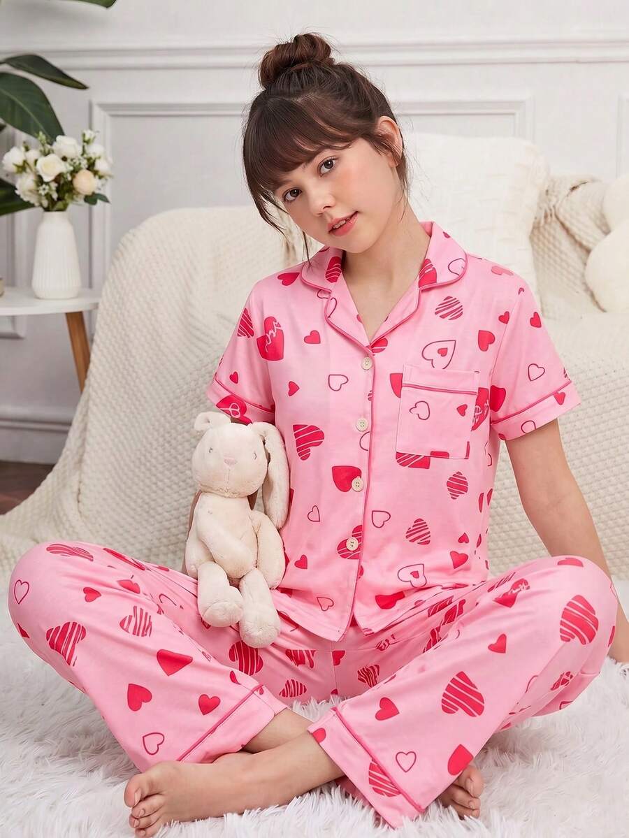 2pcs Girls Pajama Set, Short Sleeve Button-Up Shirt With Heart Print Pants, Soft & Breathable Sleepwear - Pink - View 1
